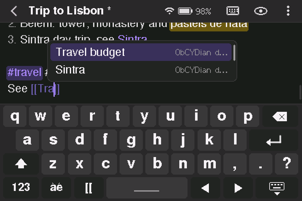 Link suggestions above the on-screen keyboard