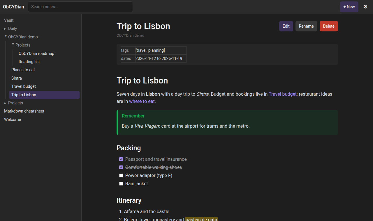 Web app showing a note